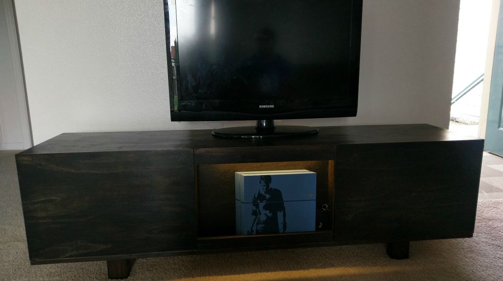 COMMISSIONED TV Stand Oak with Black Stain Designed to hold PS4 in Front with Backlit Console and Controllers