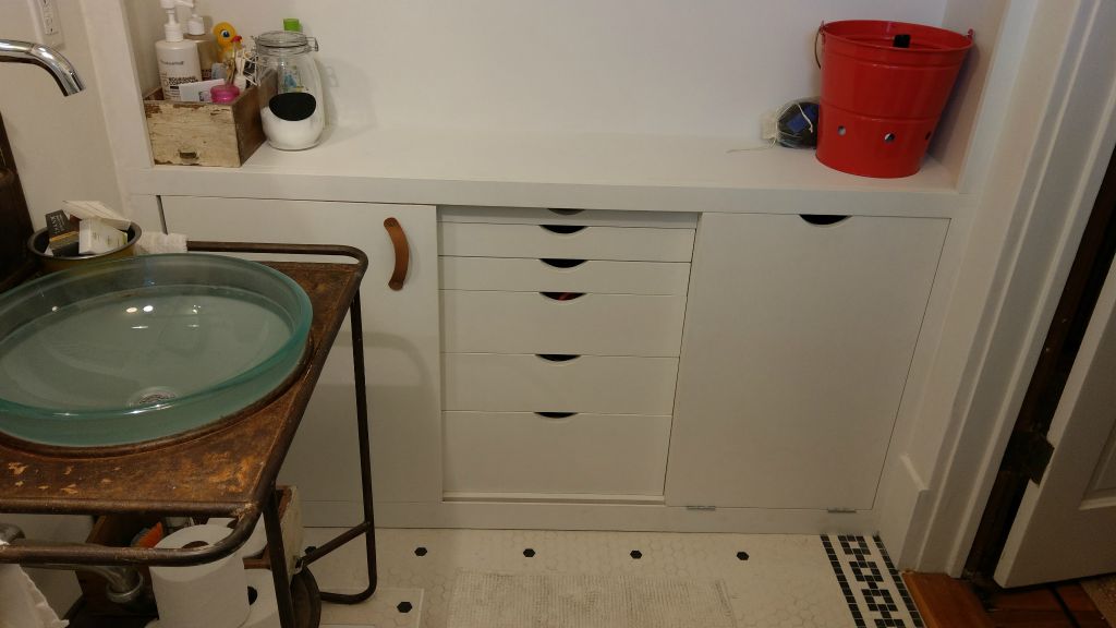 11' Bathroom Upgrade. 12" deep! 1930's Adjustable Shelving with Library Vanity Drawers and Sliding Art-Deco doors.