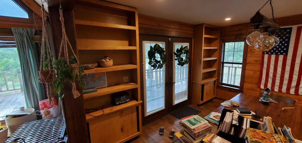 Built In Bookshelves in Maple with Pecan Stain, Euro Style Sliding Doors