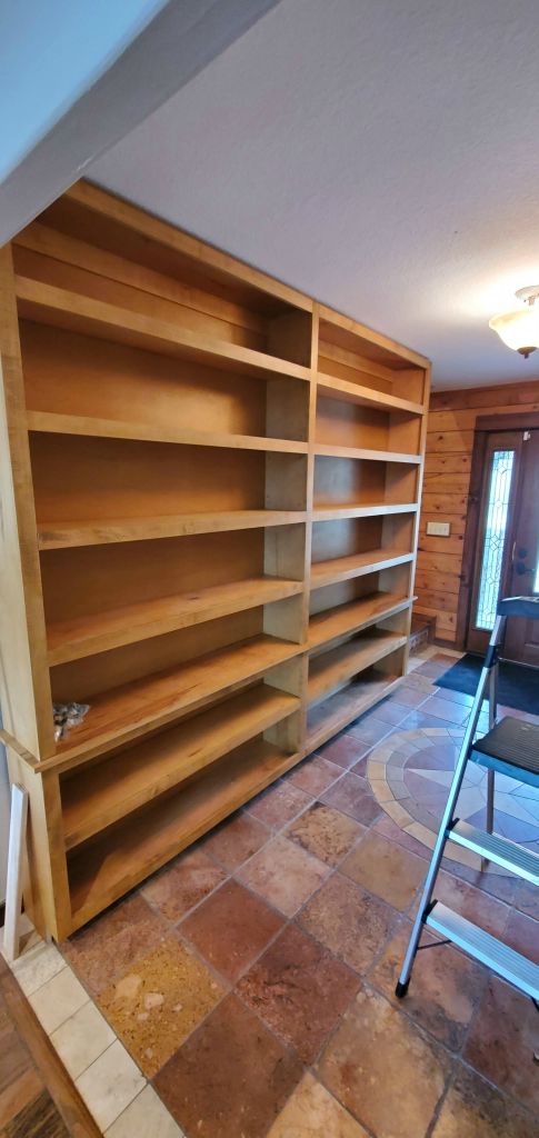 Built In Bookshelves in Maple with Pecan Stain, Euro Style Sliding Doors