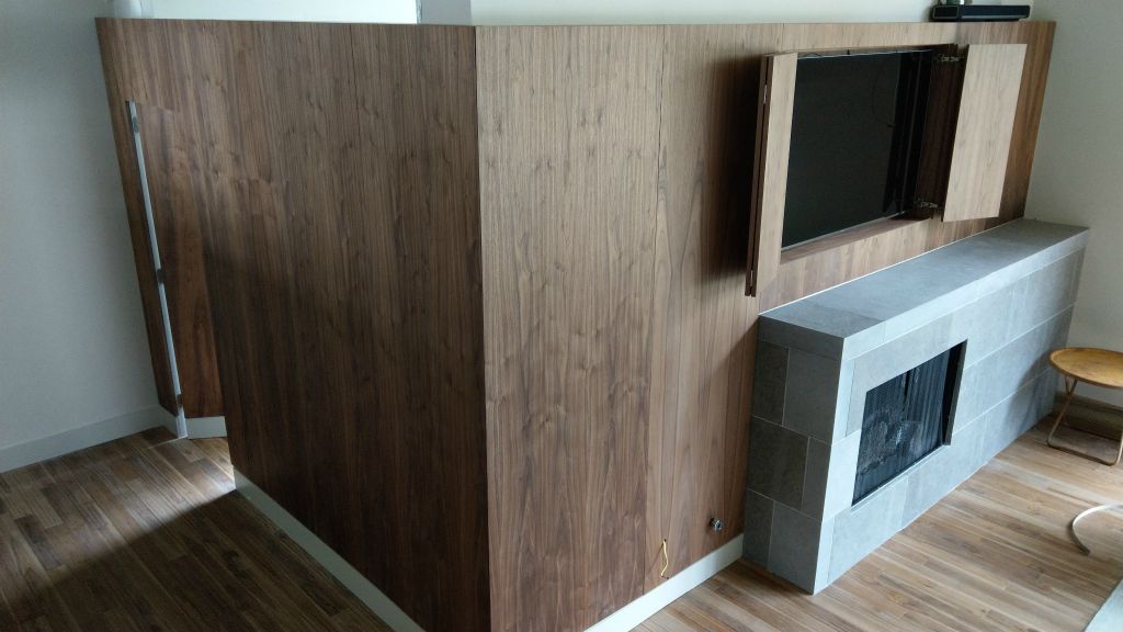 Walnut Ply Panel Wall with Flush-Mounted TV Recess and Hidden Door